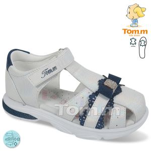 Елегантни детски сандали за момиче, бели със синя панделка TOM.M