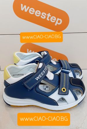 Бебешки сандали за момче, тъмно сини с жълт акцент WEESTEP